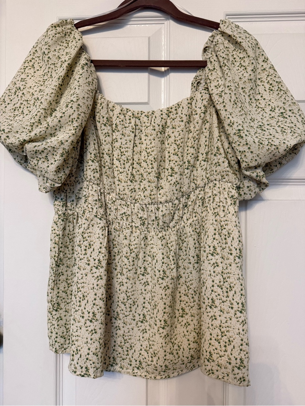 Lime Lush Smocked Cream Blouse with Green Floral Print and Puff Sleeves